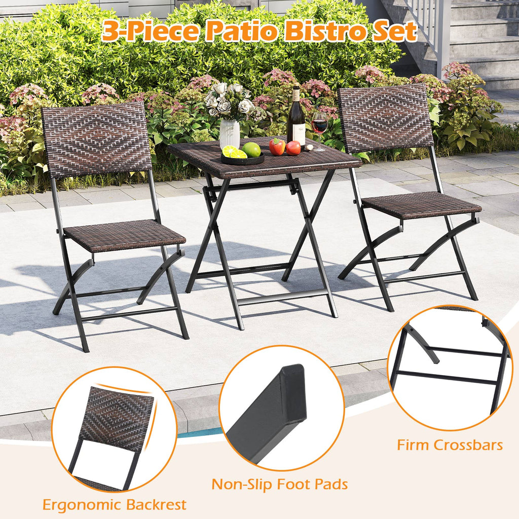 3 Piece Rattan Bistro Set Outdoor Folding Dining Table and Chairs