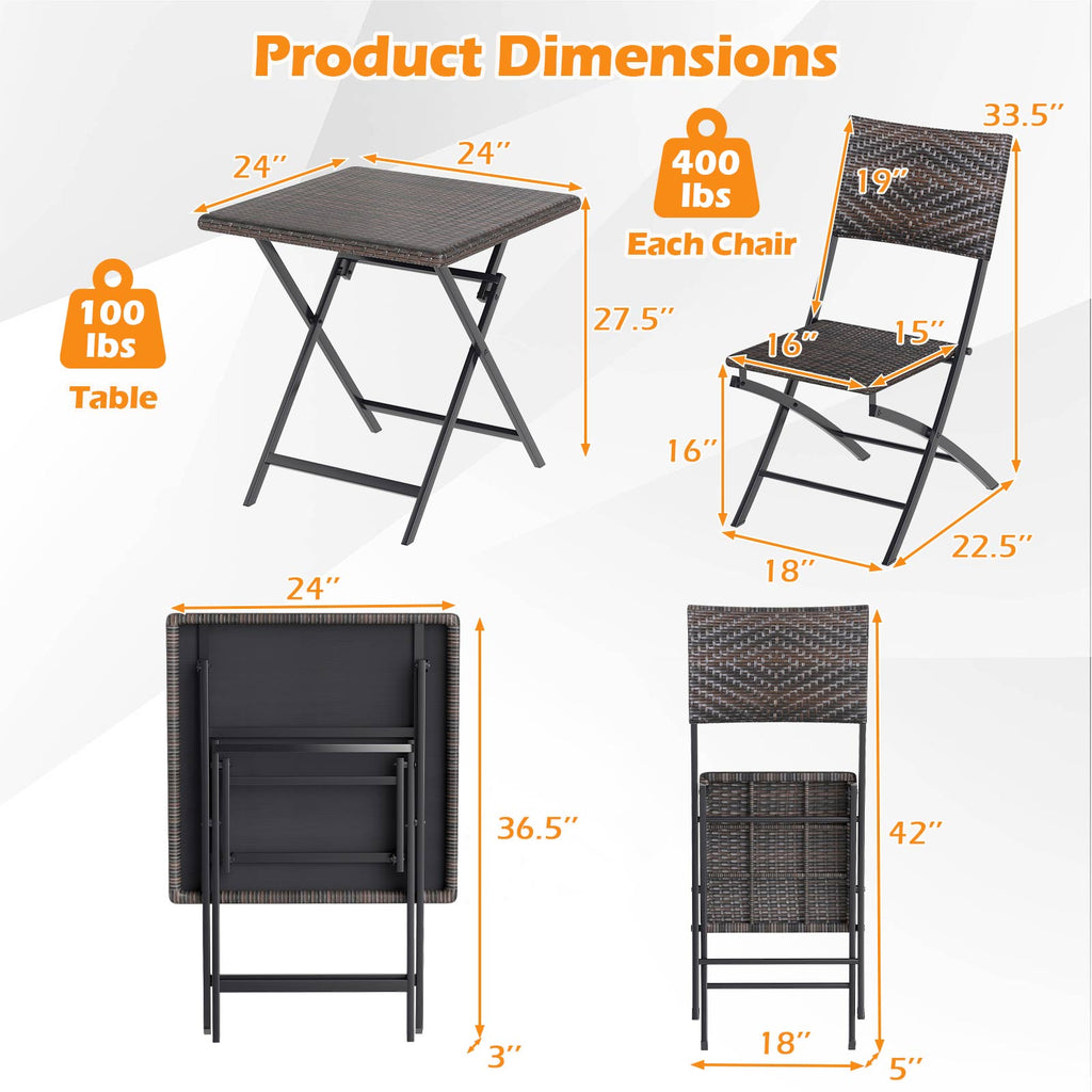 3 Piece Rattan Bistro Set Outdoor Folding Dining Table and Chairs
