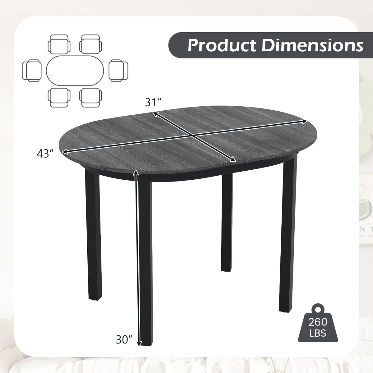 43 Inch Wooden Dining Table for 2-4 People - Black