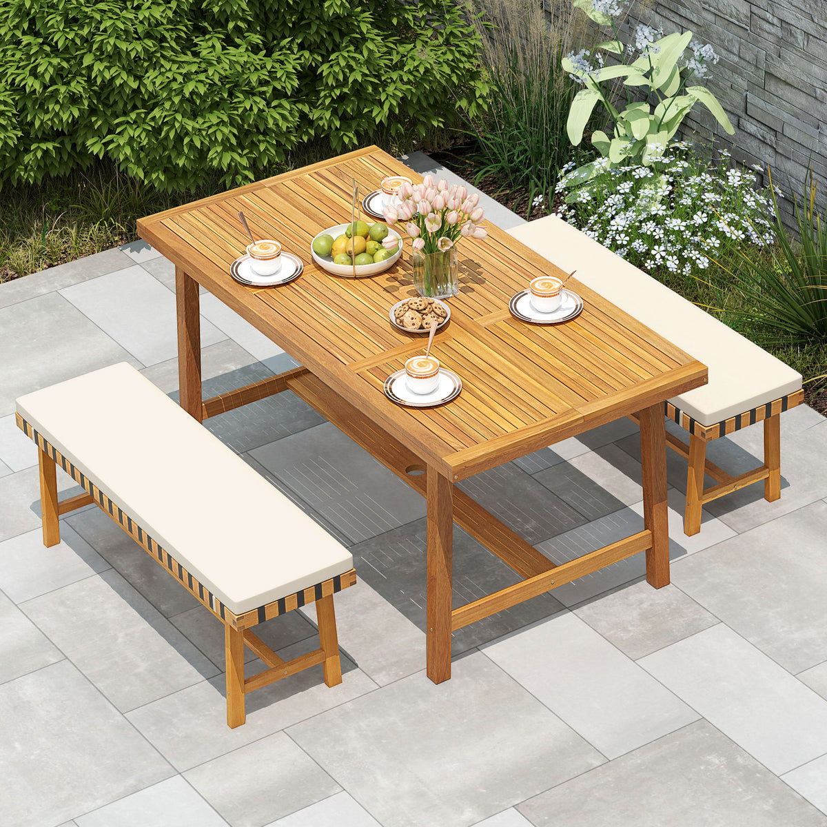 Acacia Wood Patio Dining Set - Table & 2 Benches with Cushions