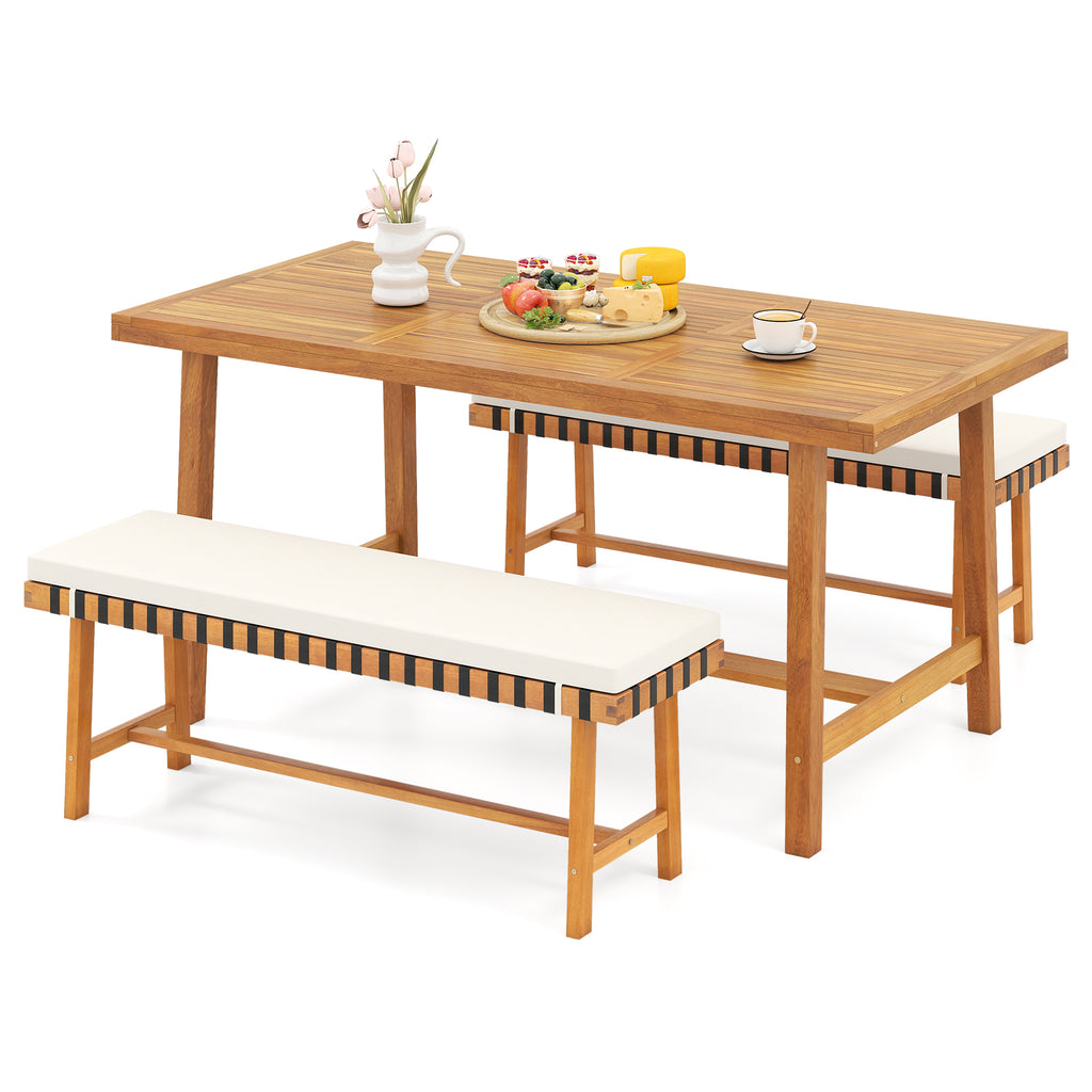 Acacia Wood Patio Dining Set - Table & 2 Benches with Cushions