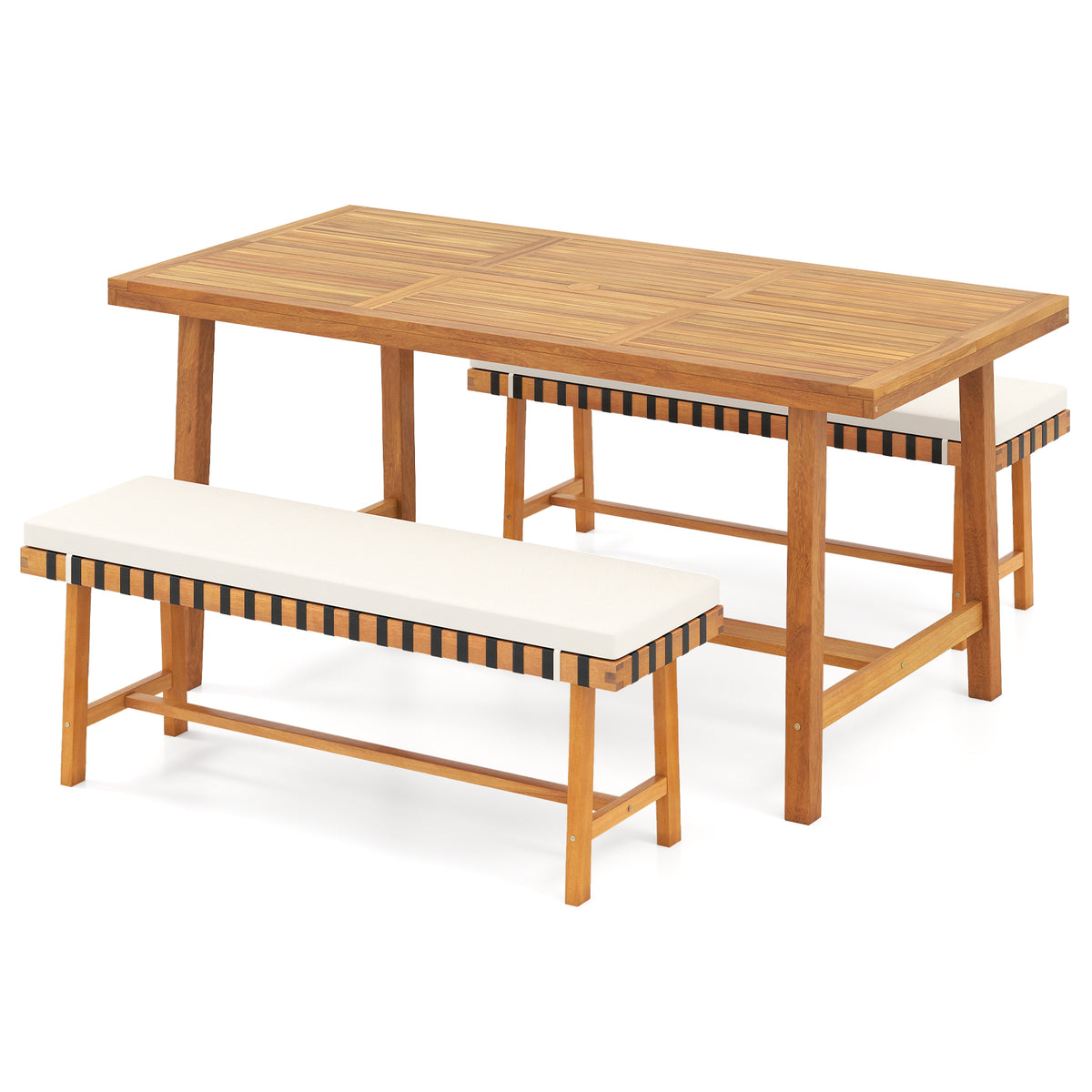 Acacia Wood Patio Dining Set - Table & 2 Benches with Cushions