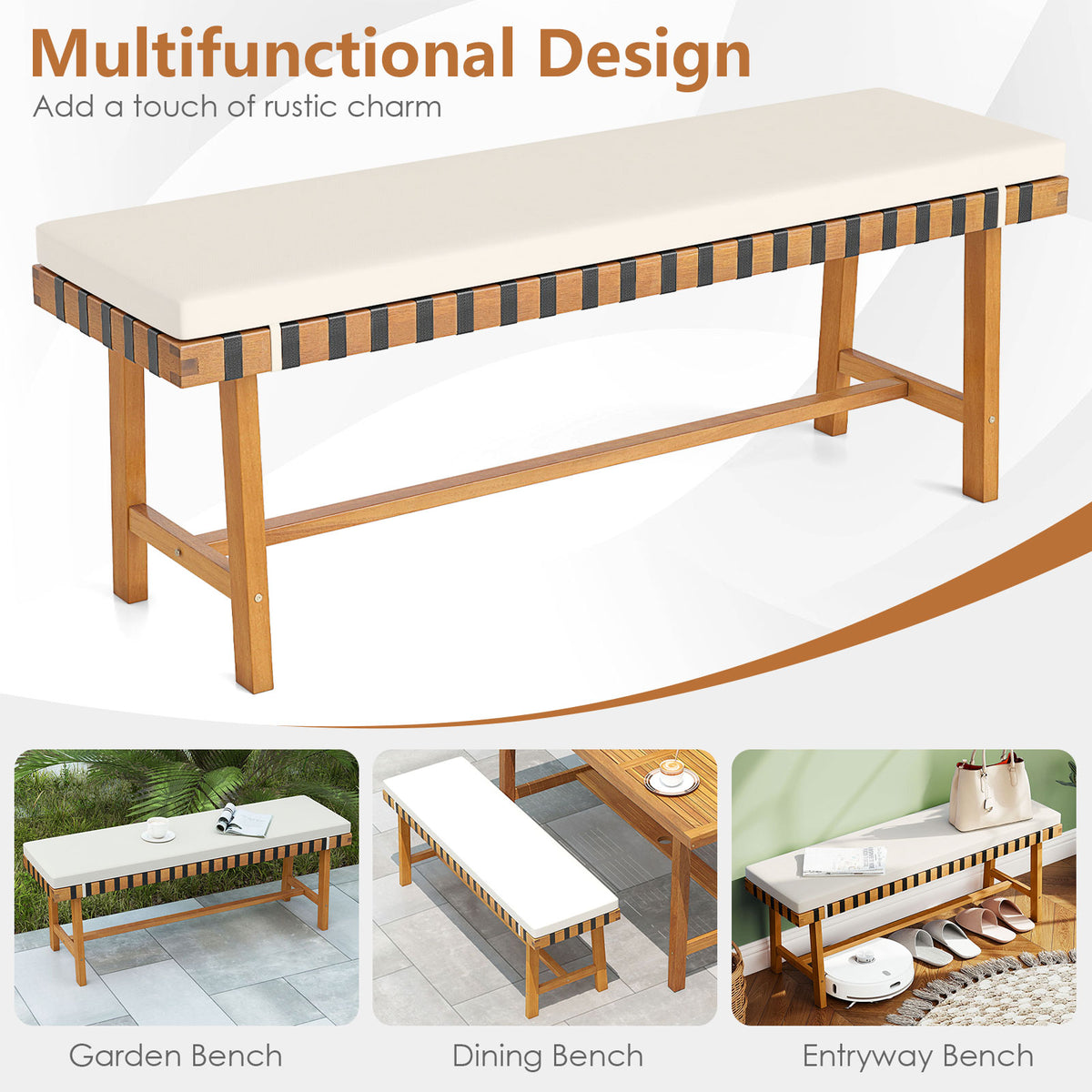 Acacia Wood Patio Dining Set - Table & 2 Benches with Cushions