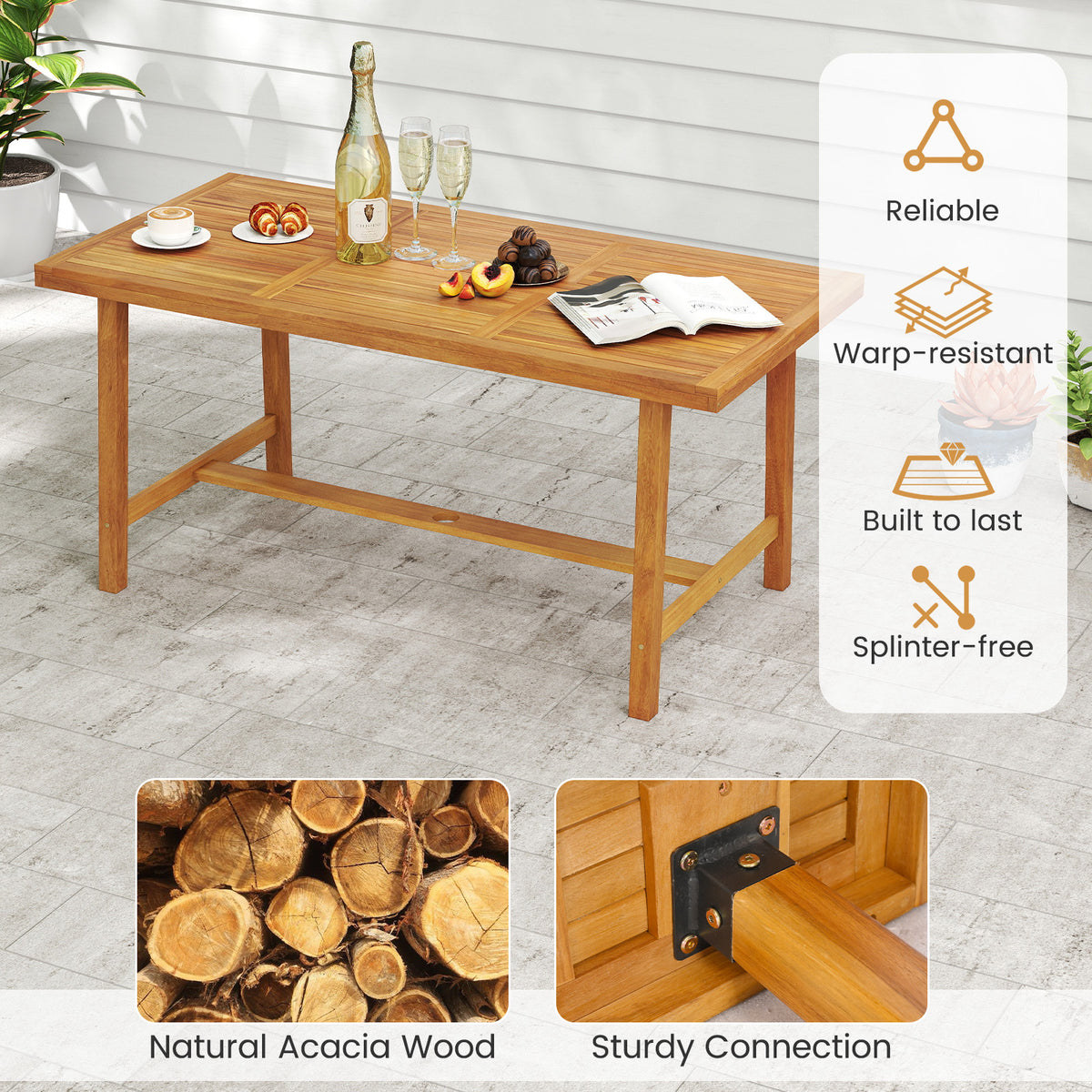 Acacia Wood Patio Dining Set - Table & 2 Benches with Cushions
