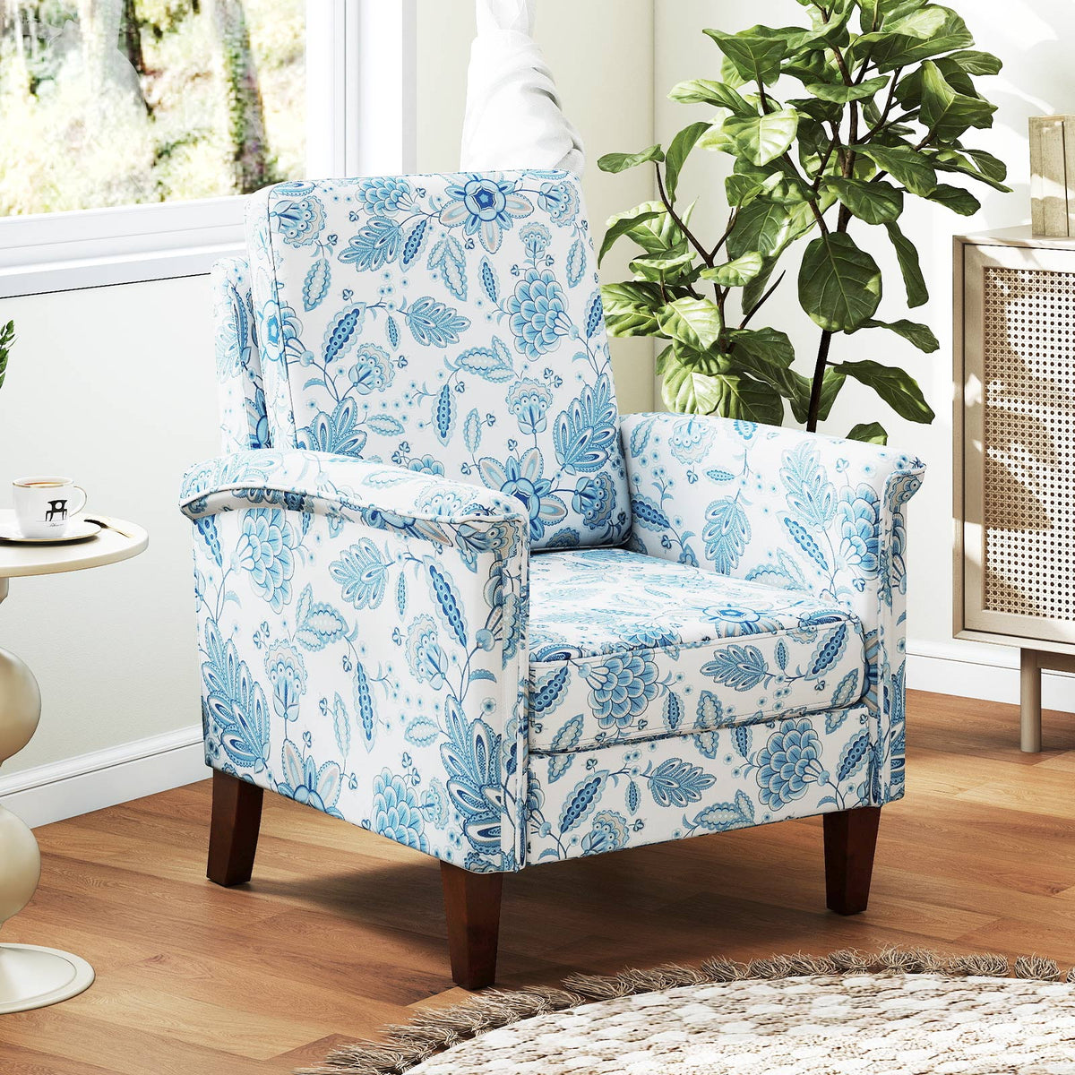 Floral Accent Chair with Wood Legs - Beige