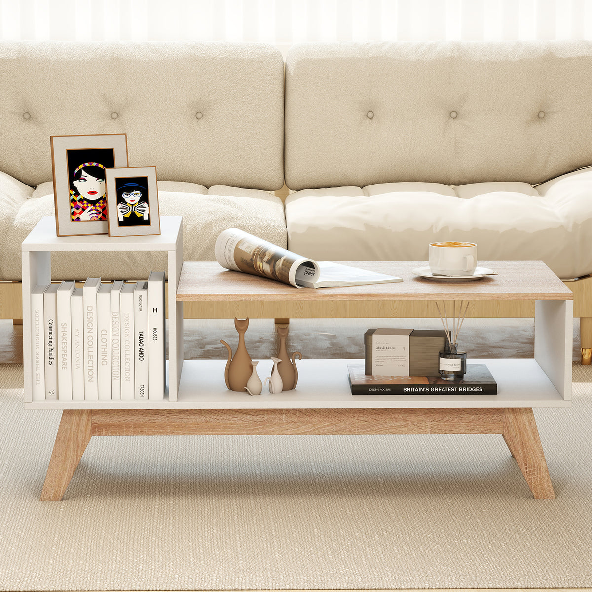 43 Inch Coffee Table with Storage Compartments - White