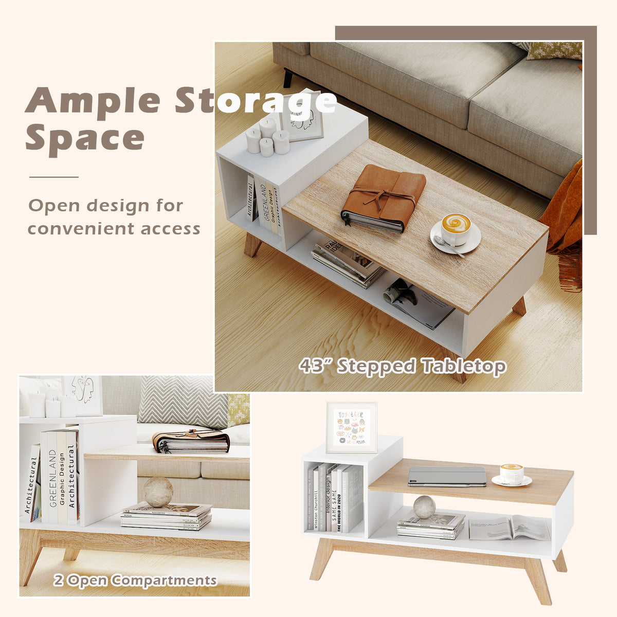 43 Inch Coffee Table with Storage Compartments - White