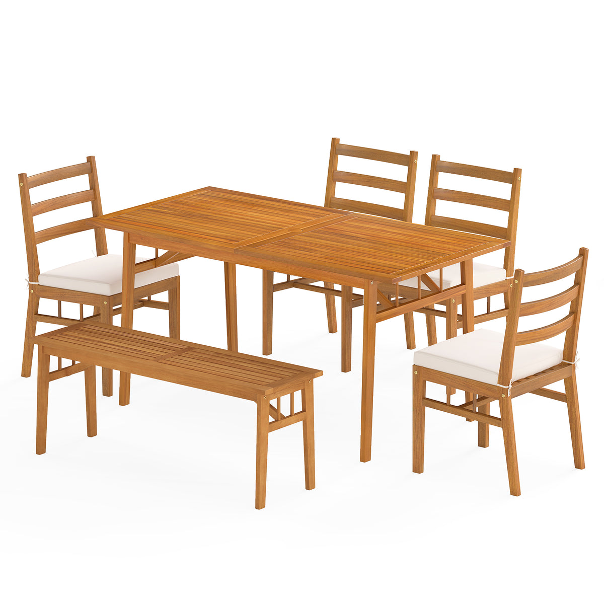 6 Pieces Patio Acacia Wood Dining Set with Bench Rectangular Table