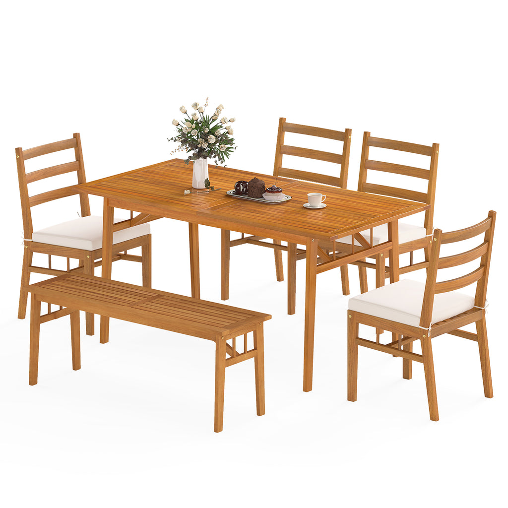 6 Pieces Patio Acacia Wood Dining Set with Bench Rectangular Table