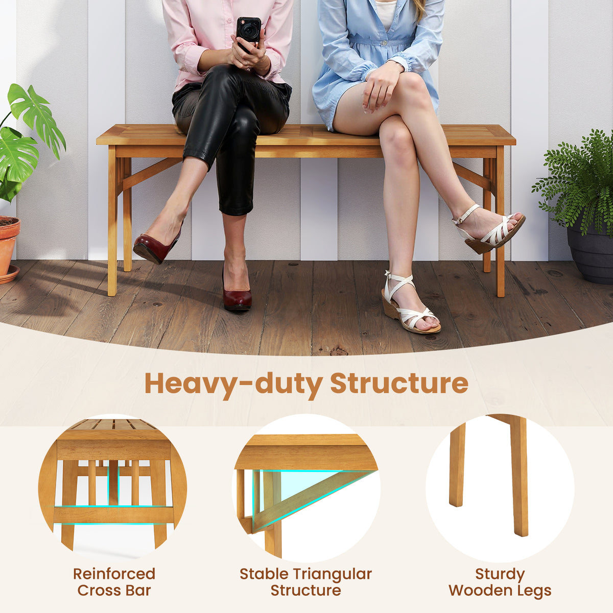 6 Pieces Patio Acacia Wood Dining Set with Bench Rectangular Table