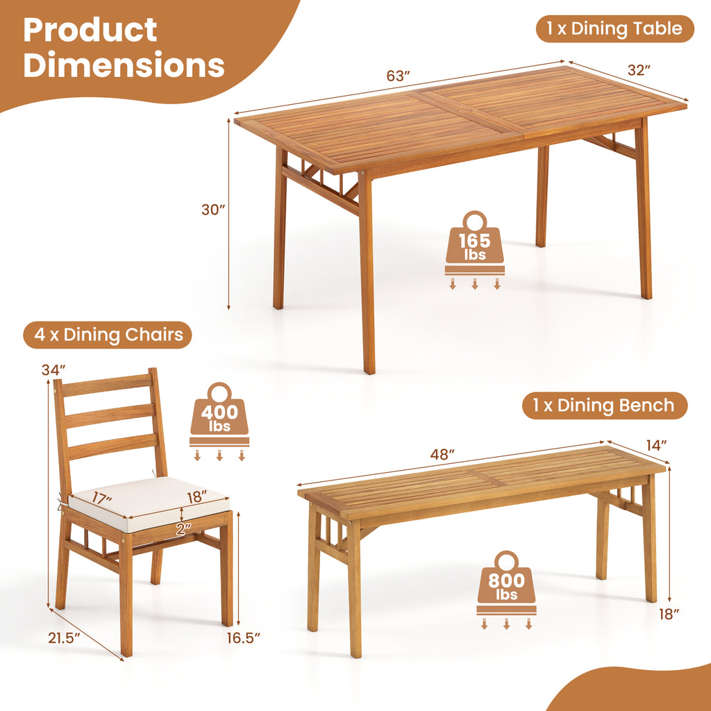 6 Pieces Patio Acacia Wood Dining Set with Bench Rectangular Table