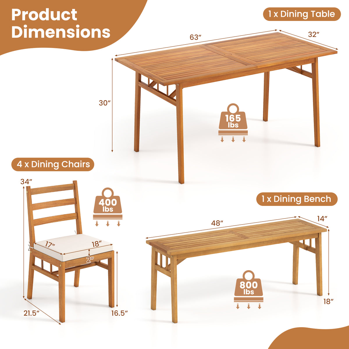 6 Pieces Patio Acacia Wood Dining Set with Bench Rectangular Table