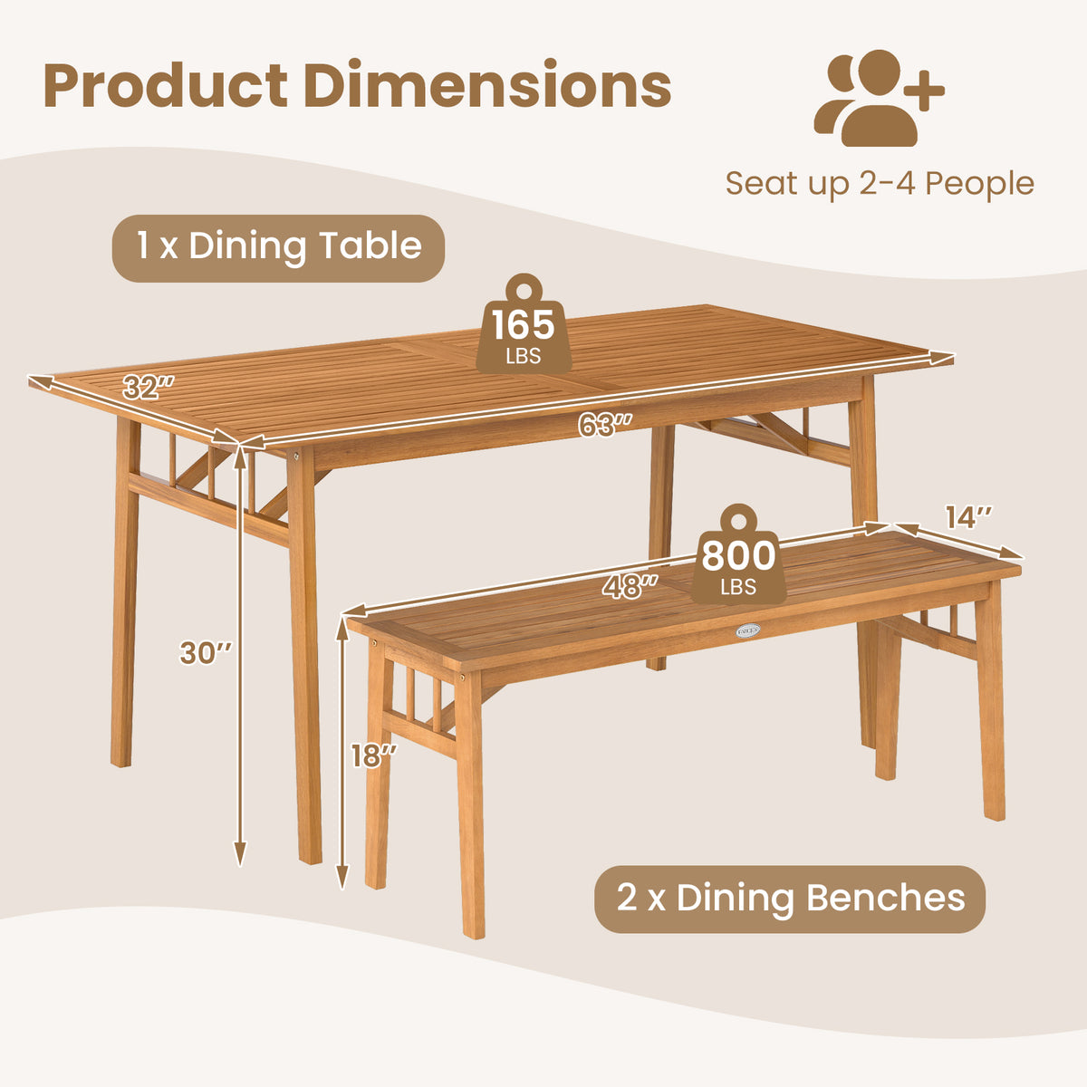3 Pieces Patio Dining Set Acacia Wood Outdoor Rectangular Picnic