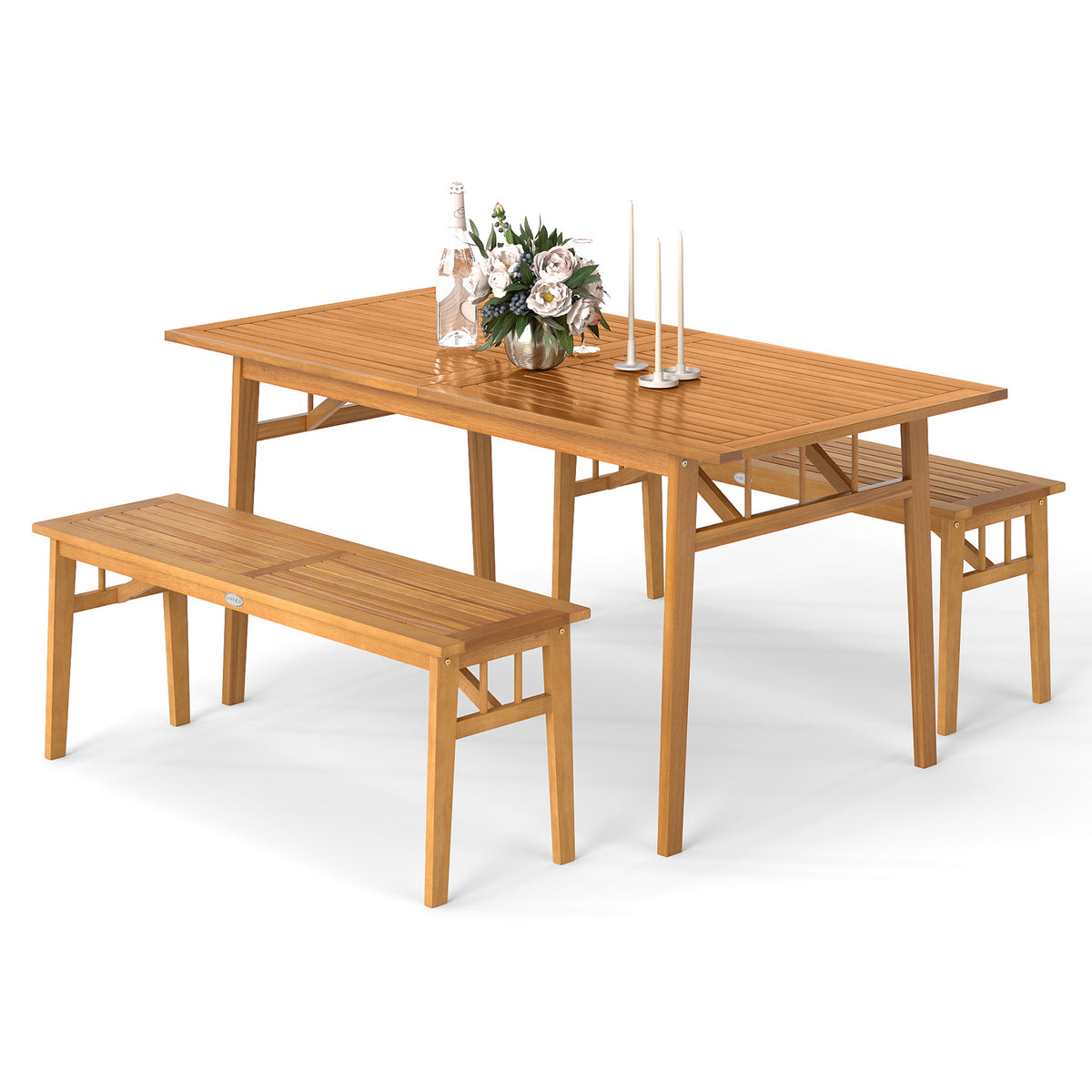 3 Pieces Patio Dining Set Acacia Wood Outdoor Rectangular Picnic