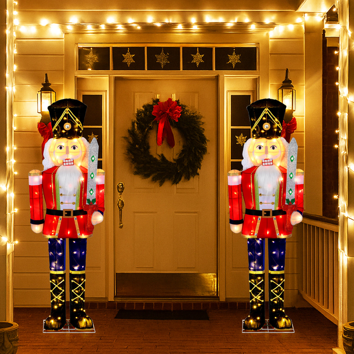 Outdoor Christmas Nutcracker Set of 2 - 5 FT Glitter Sword & Lights, Waterproof Decoration with Ground Stakes - Variation: Lighted Nutcracker Soldier