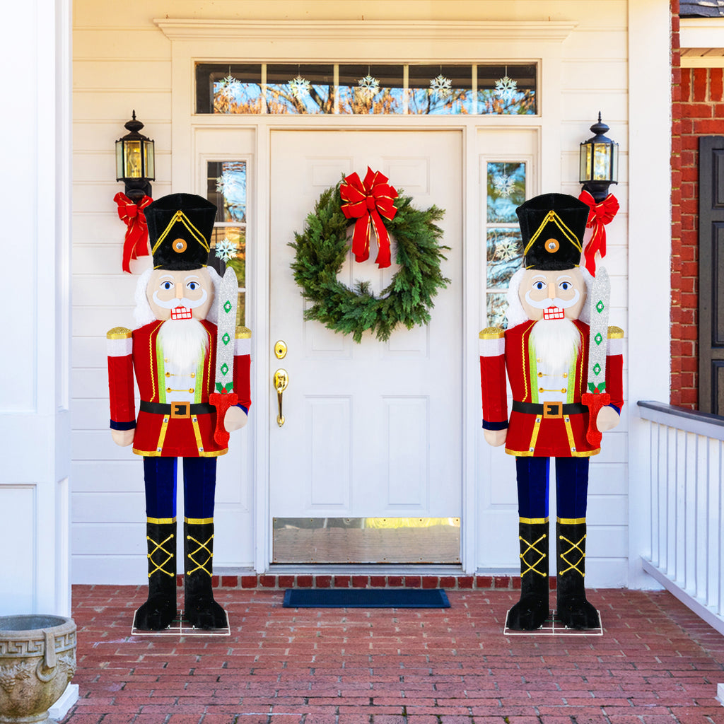 Outdoor Christmas Nutcracker Set of 2 - 5 FT Glitter Sword & Lights, Waterproof Decoration with Ground Stakes - Variation: Lighted Nutcracker Soldier