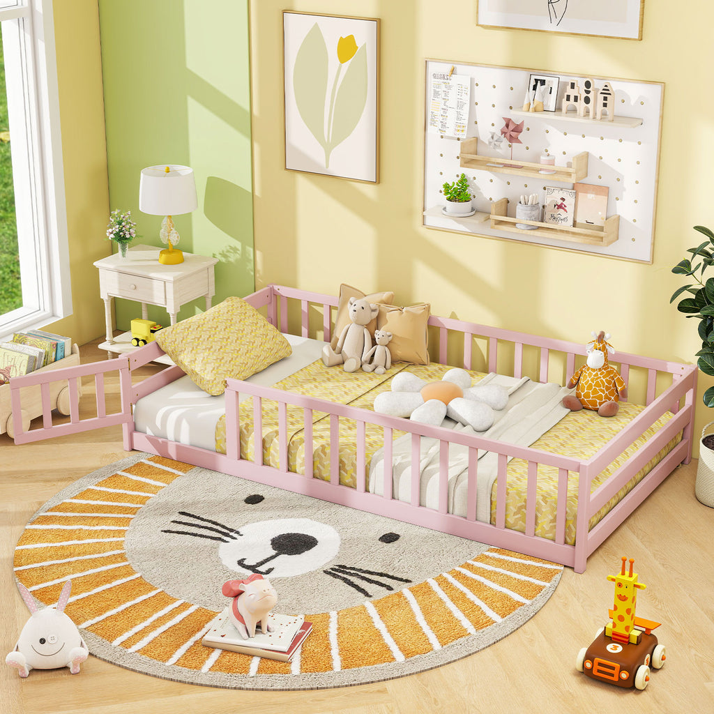 Kids Twin Size Wood Montessori Floor Bed with Door & Fence - Pink Variation