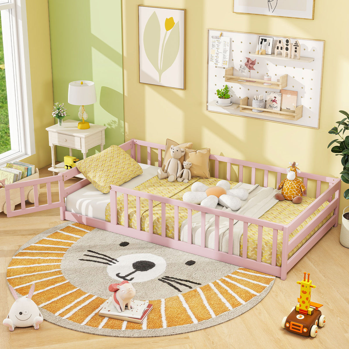 Kids Twin Size Wood Montessori Floor Bed with Door & Fence - Pink Variation