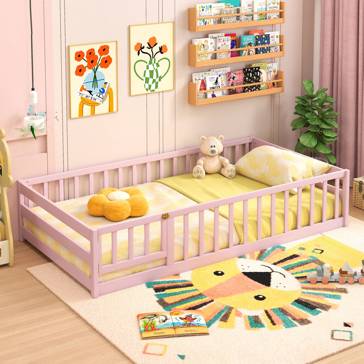 Kids Twin Size Wood Montessori Floor Bed with Door & Fence - Pink Variation