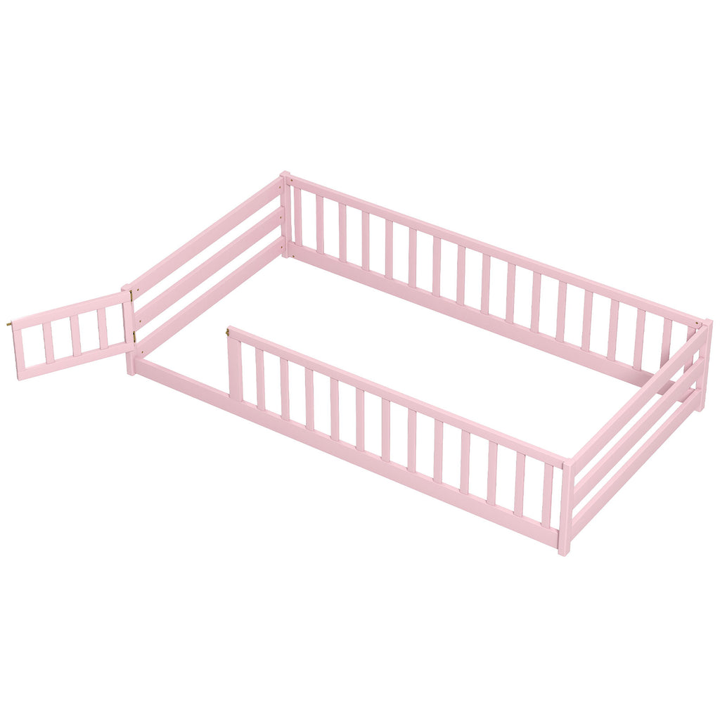 Kids Twin Size Wood Montessori Floor Bed with Door & Fence - Pink Variation