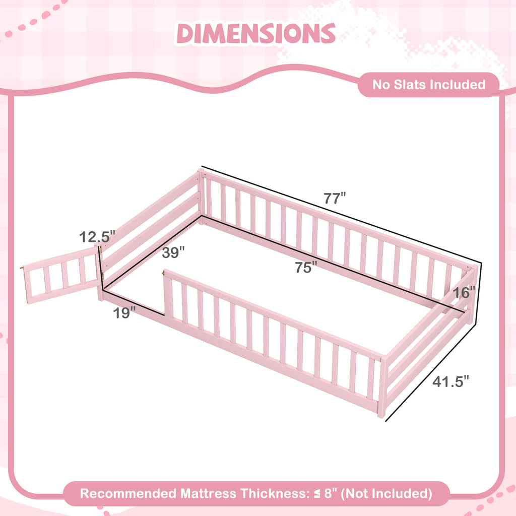 Kids Twin Size Wood Montessori Floor Bed with Door & Fence - Pink Variation