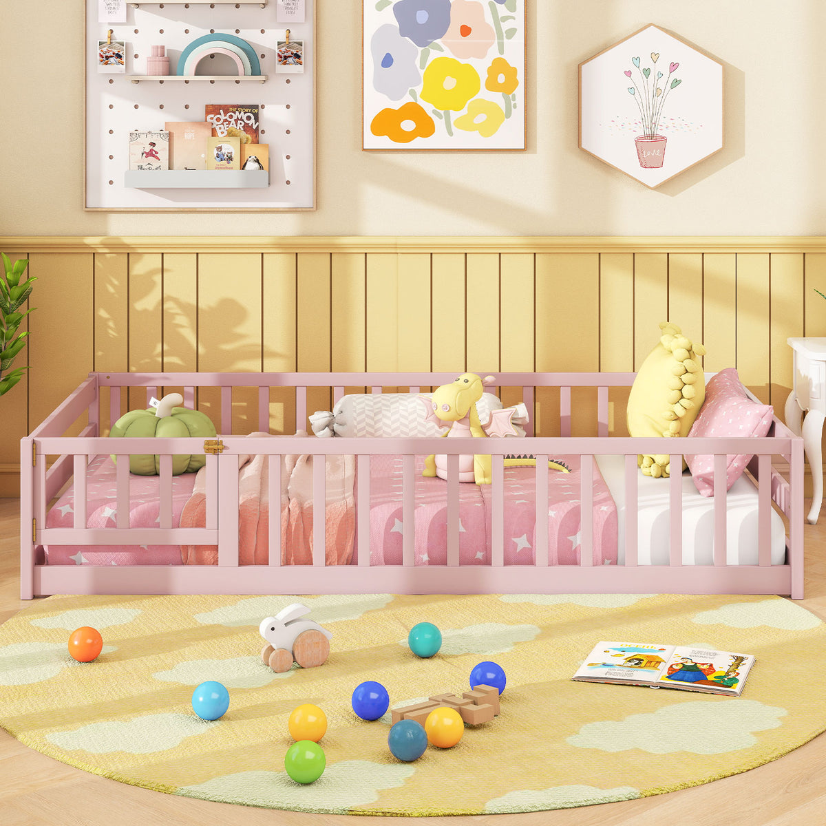 Kids Twin Size Wood Montessori Floor Bed with Door & Fence - Pink Variation