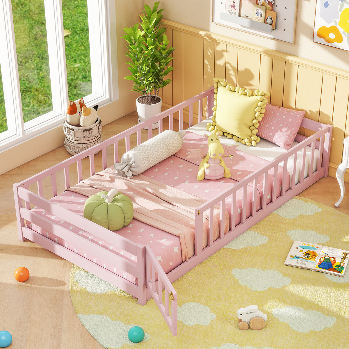 Kids Twin Size Wood Montessori Floor Bed with Door & Fence - Pink Variation