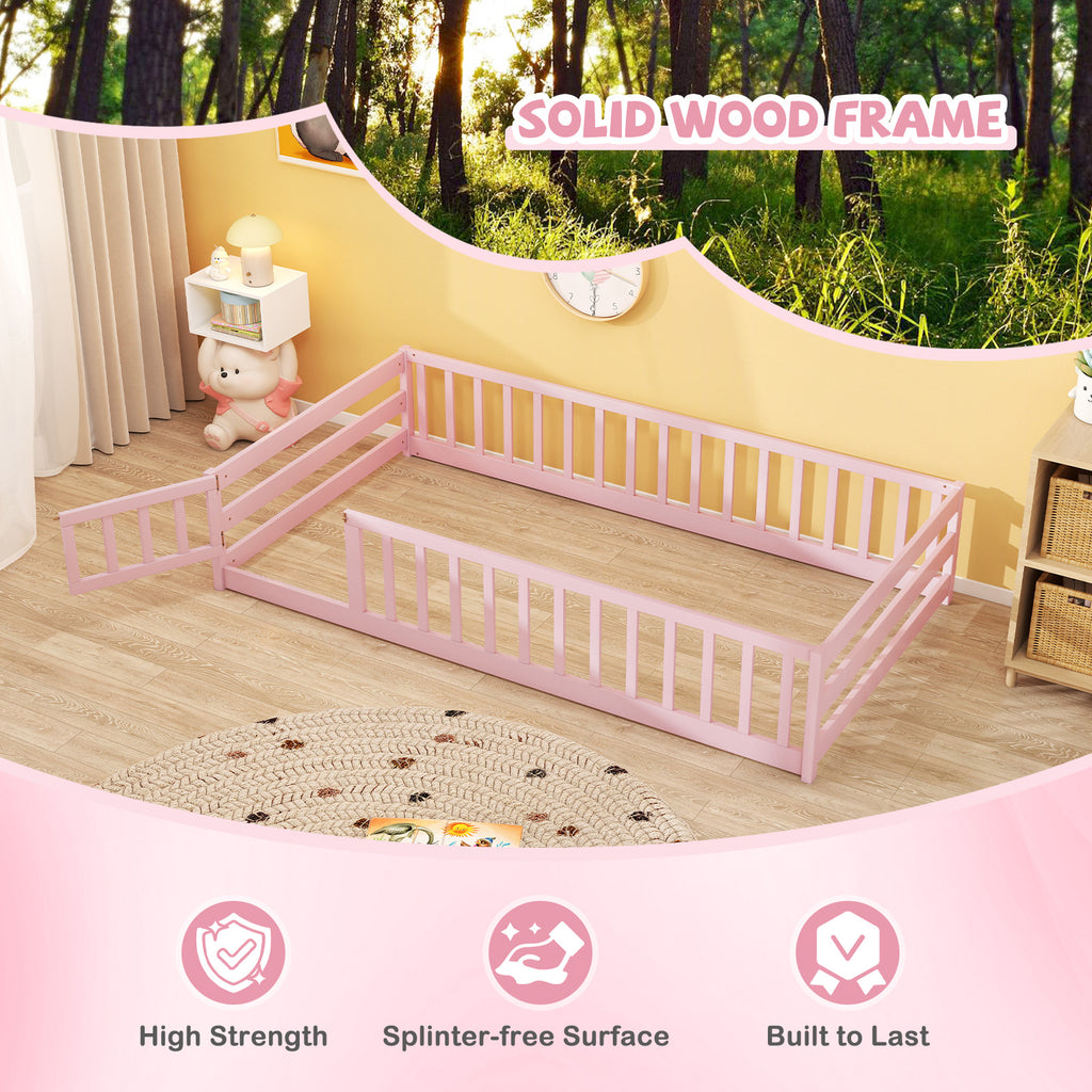 Kids Twin Size Wood Montessori Floor Bed with Door & Fence - Pink Variation