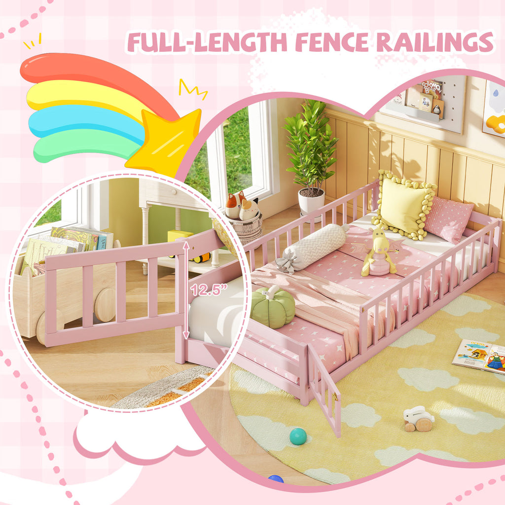 Kids Twin Size Wood Montessori Floor Bed with Door & Fence - Pink Variation