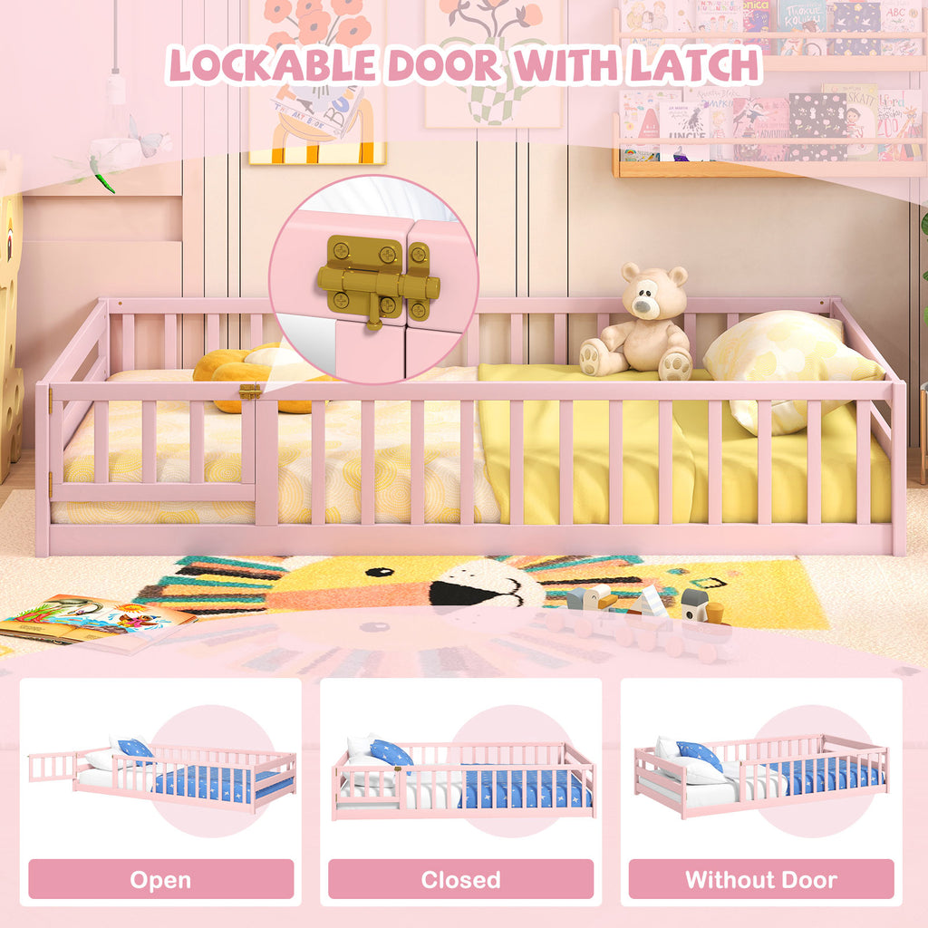 Kids Twin Size Wood Montessori Floor Bed with Door & Fence - Pink Variation