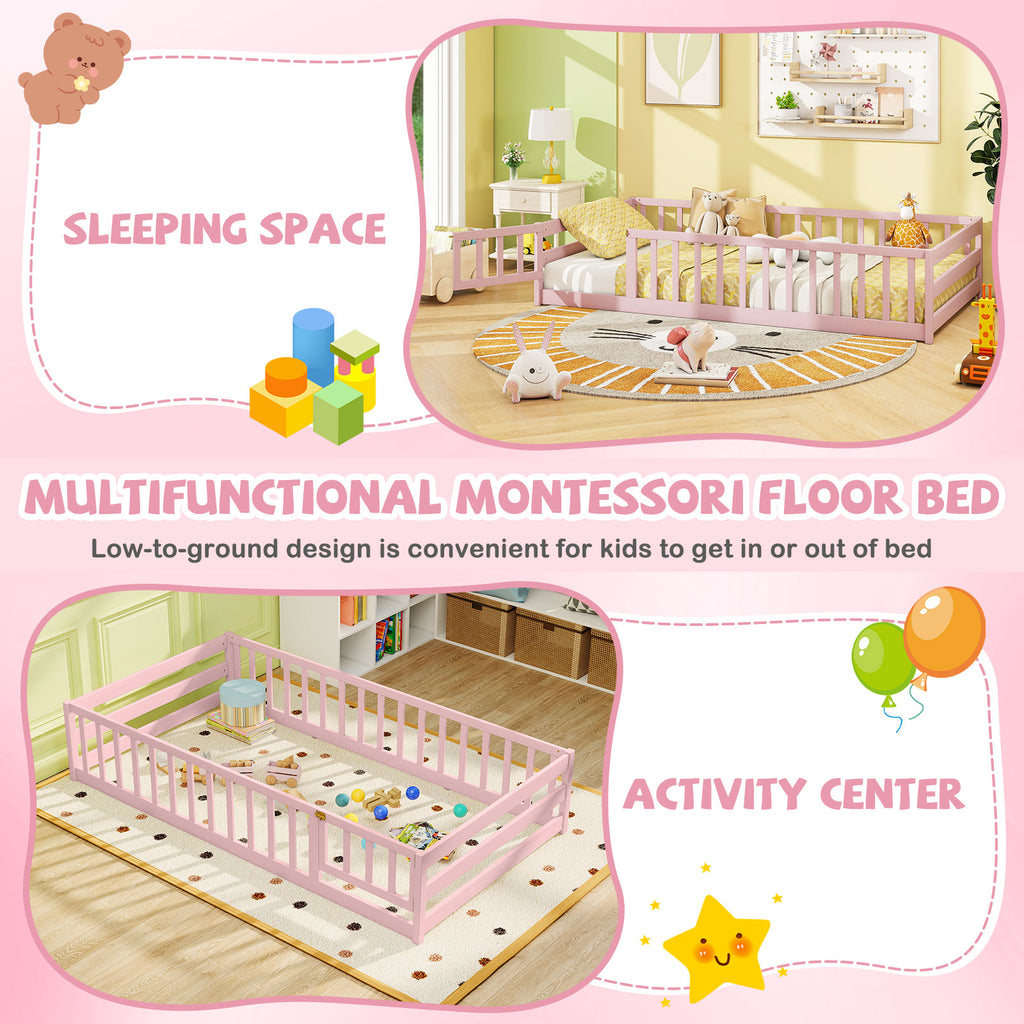 Kids Twin Size Wood Montessori Floor Bed with Door & Fence - Pink Variation