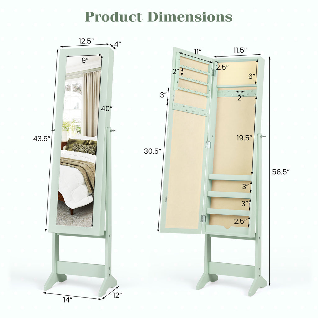 Mirrored Standing Jewelry Cabinet Storage Box - Green
