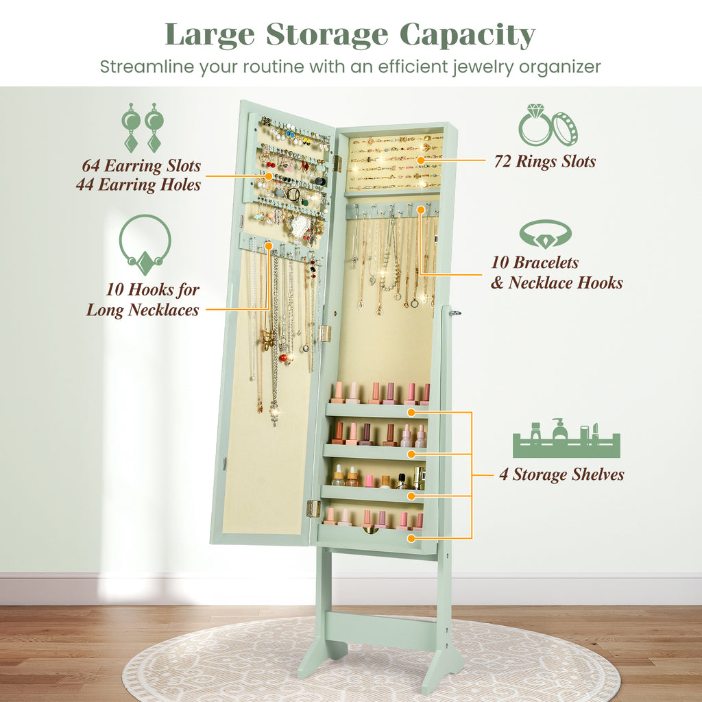 Mirrored Standing Jewelry Cabinet Storage Box - Green