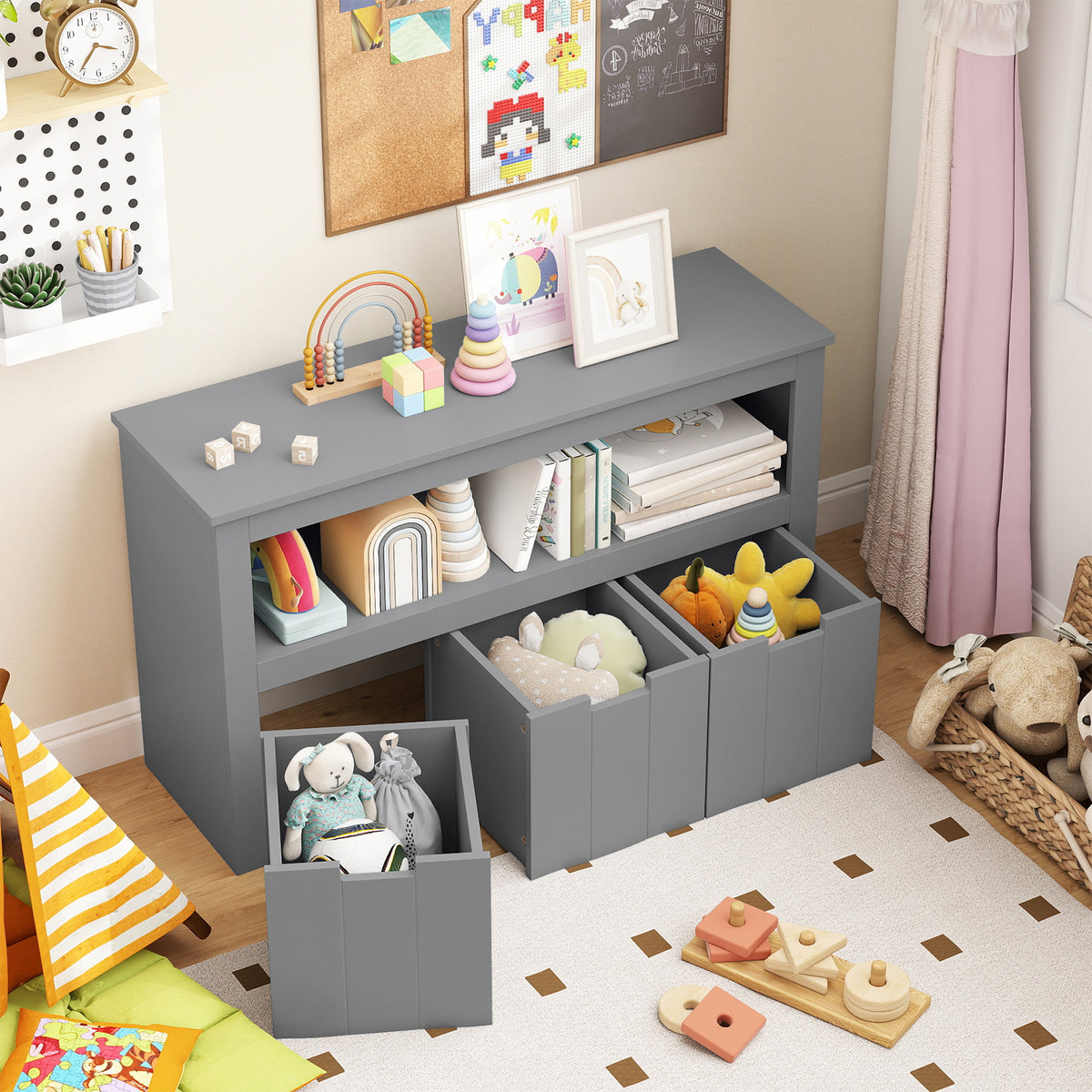 Kid Toy Storage Cabinet with 3 Drawers on Wheels - Gray Variation