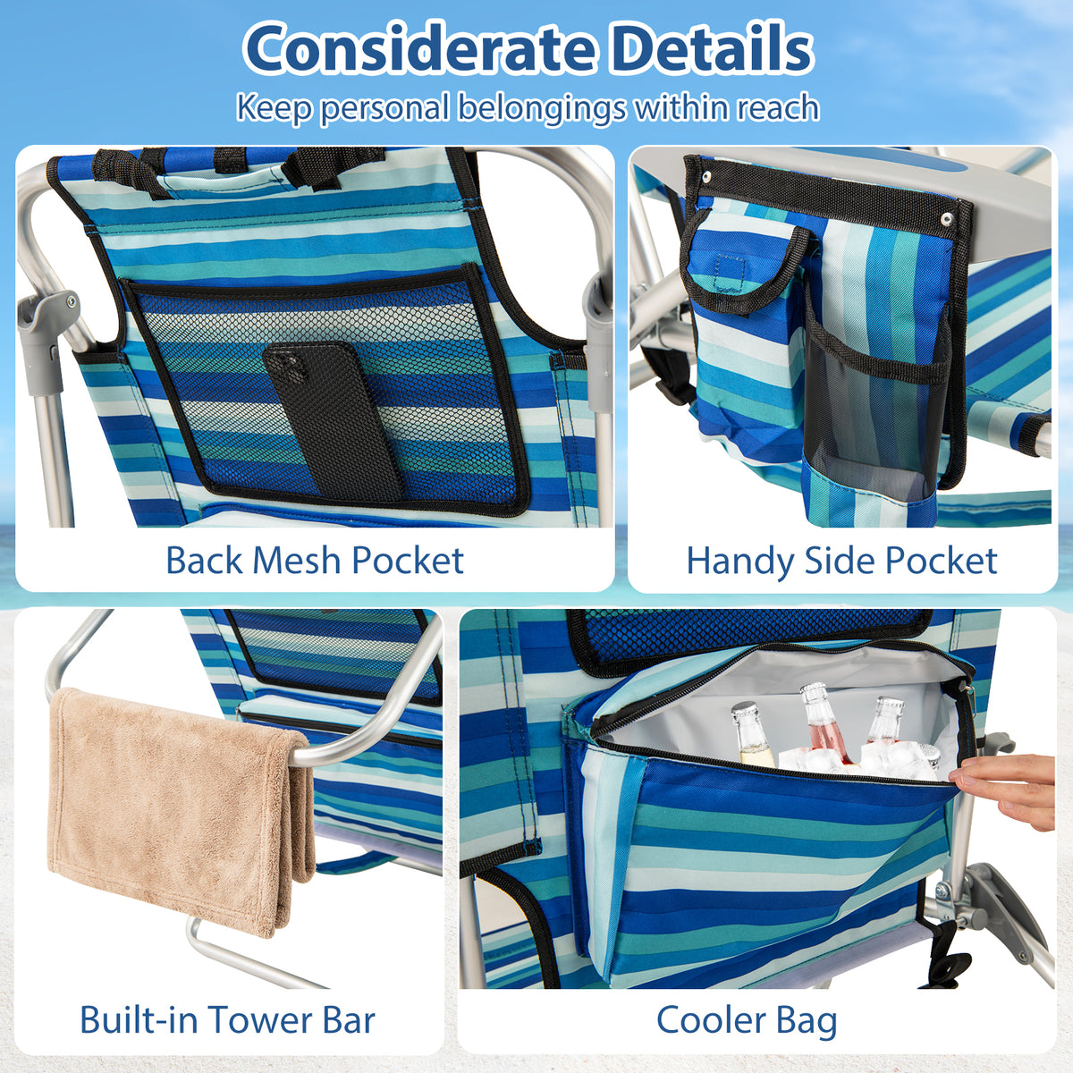 Folding Beach Chair with 4-Position Backrest - 1 Piece