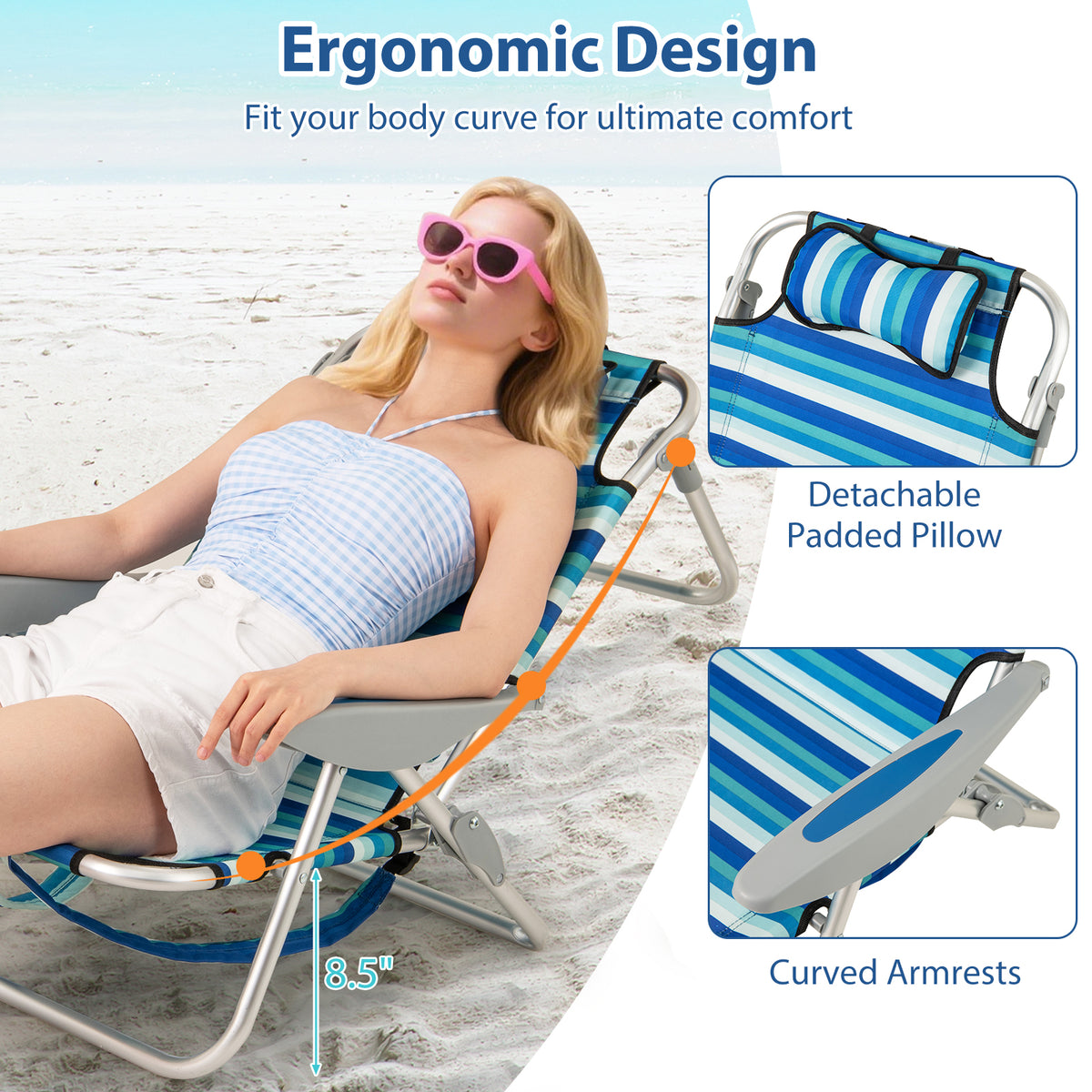 Folding Beach Chair with 4-Position Backrest - 1 Piece