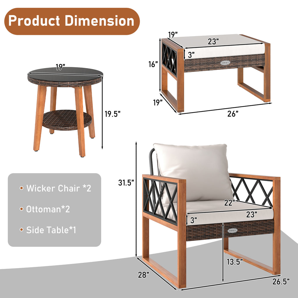 5-Piece Patio Furniture Set with PE Rattan & Acacia Wood