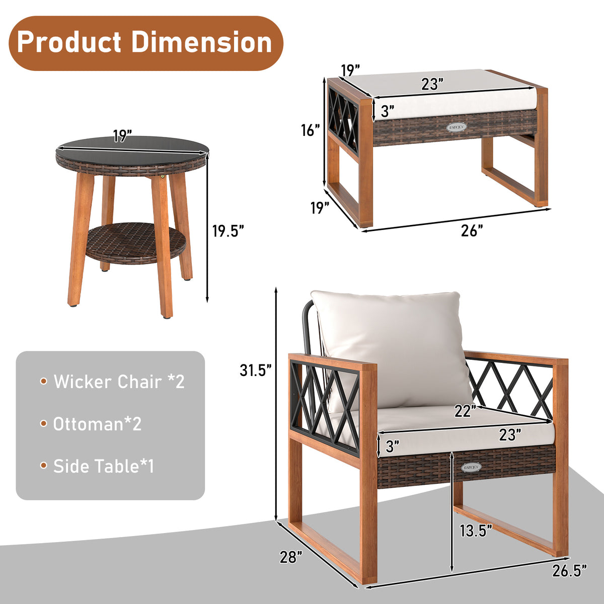 5-Piece Patio Furniture Set with PE Rattan & Acacia Wood