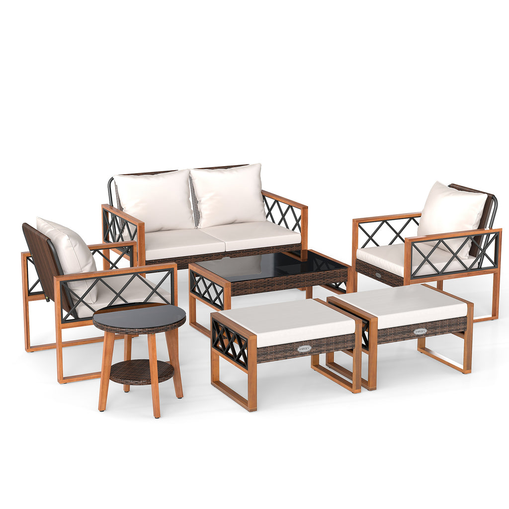 7-Piece Patio Furniture Set - PE Wicker Acacia Wood Conversation Seating