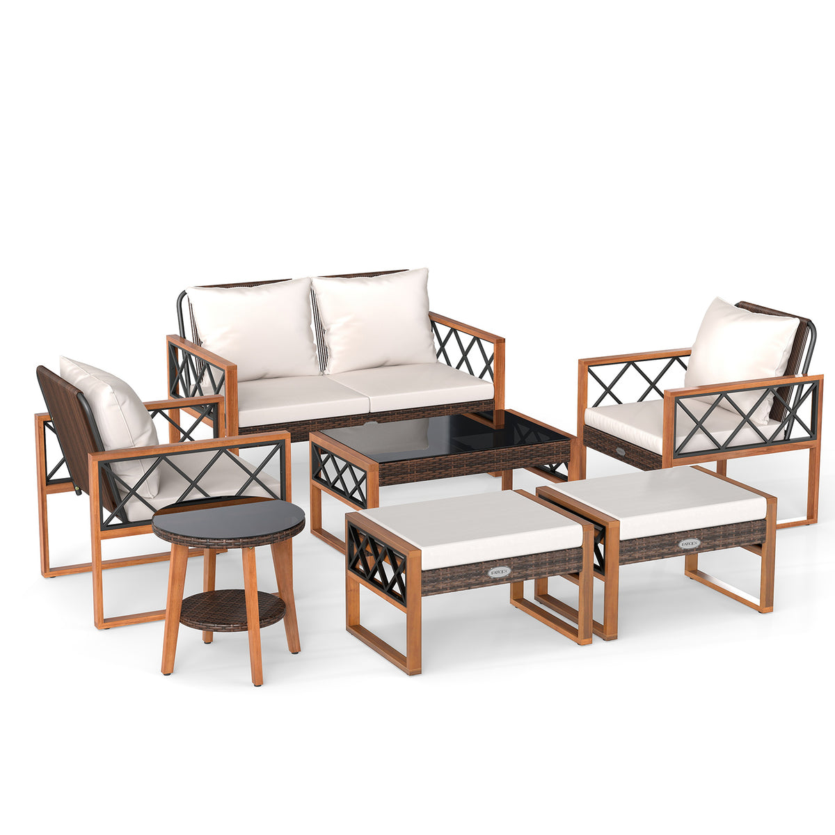 7-Piece Patio Furniture Set - PE Wicker Acacia Wood Conversation Seating