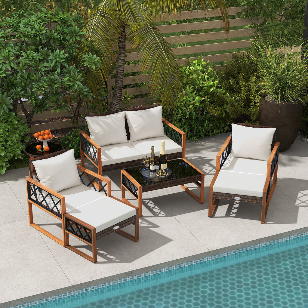 7-Piece Patio Furniture Set - PE Wicker Acacia Wood Conversation Seating