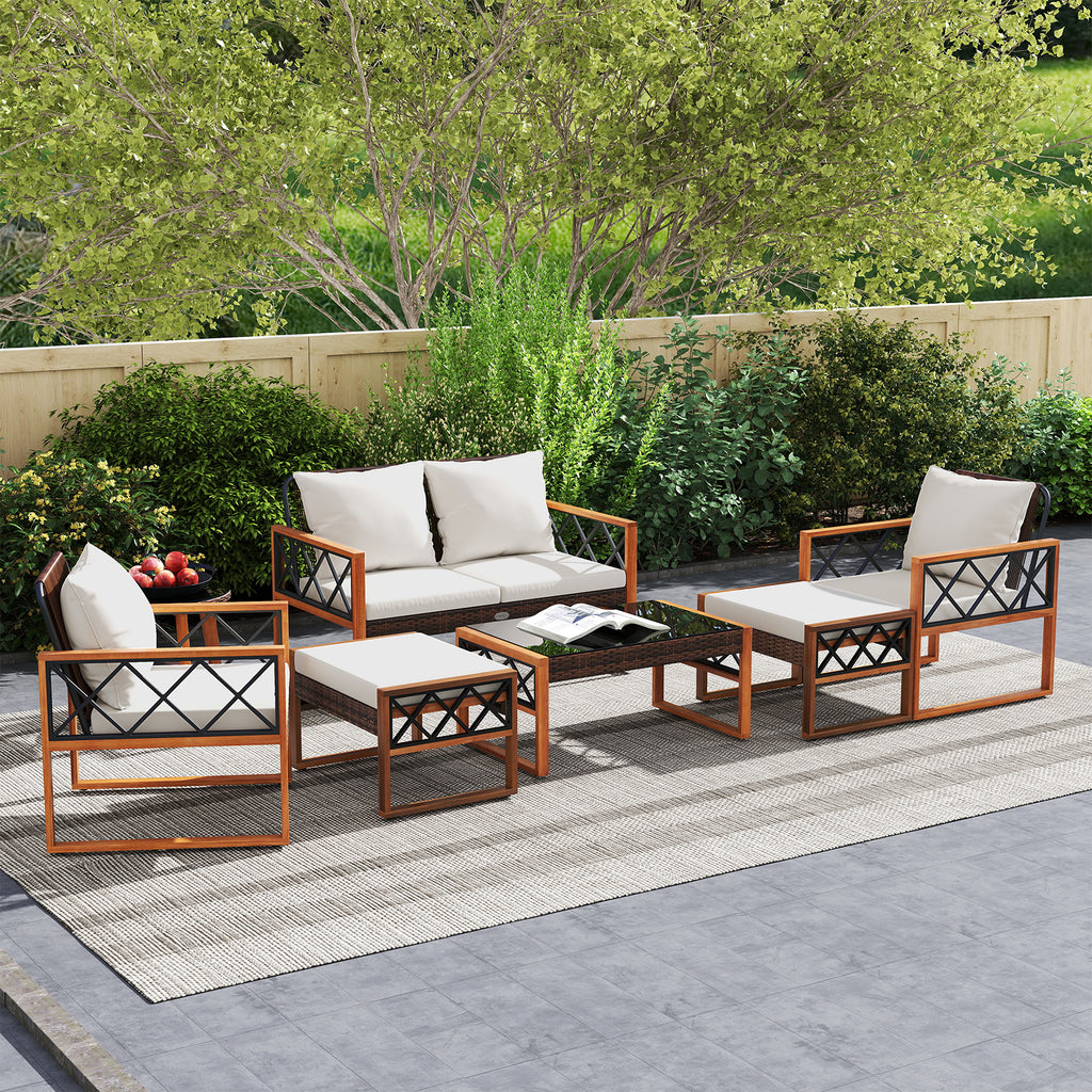 7-Piece Patio Furniture Set - PE Wicker Acacia Wood Conversation Seating