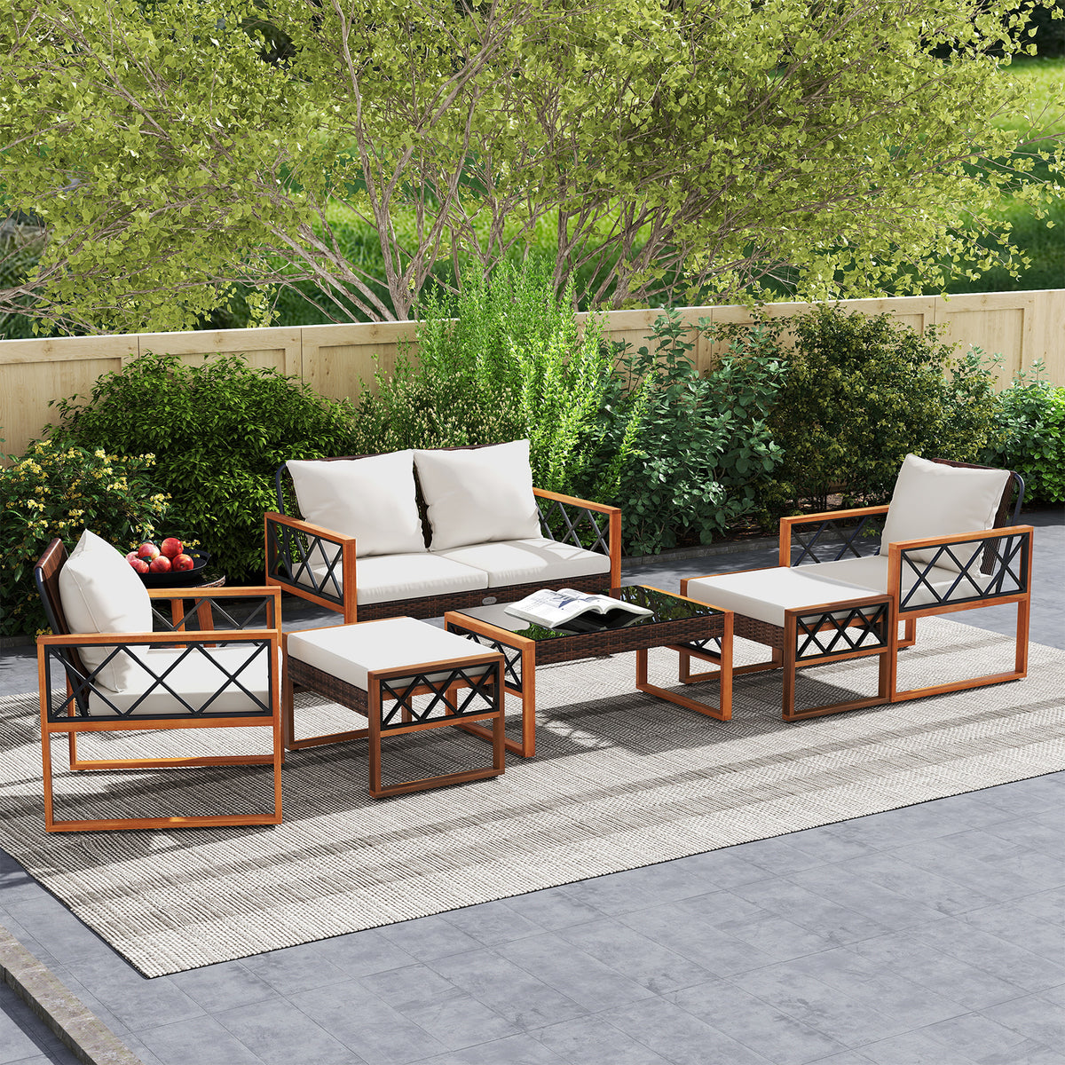 7-Piece Patio Furniture Set - PE Wicker Acacia Wood Conversation Seating