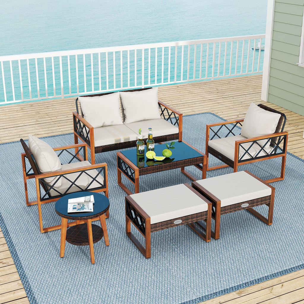 7-Piece Patio Furniture Set - PE Wicker Acacia Wood Conversation Seating