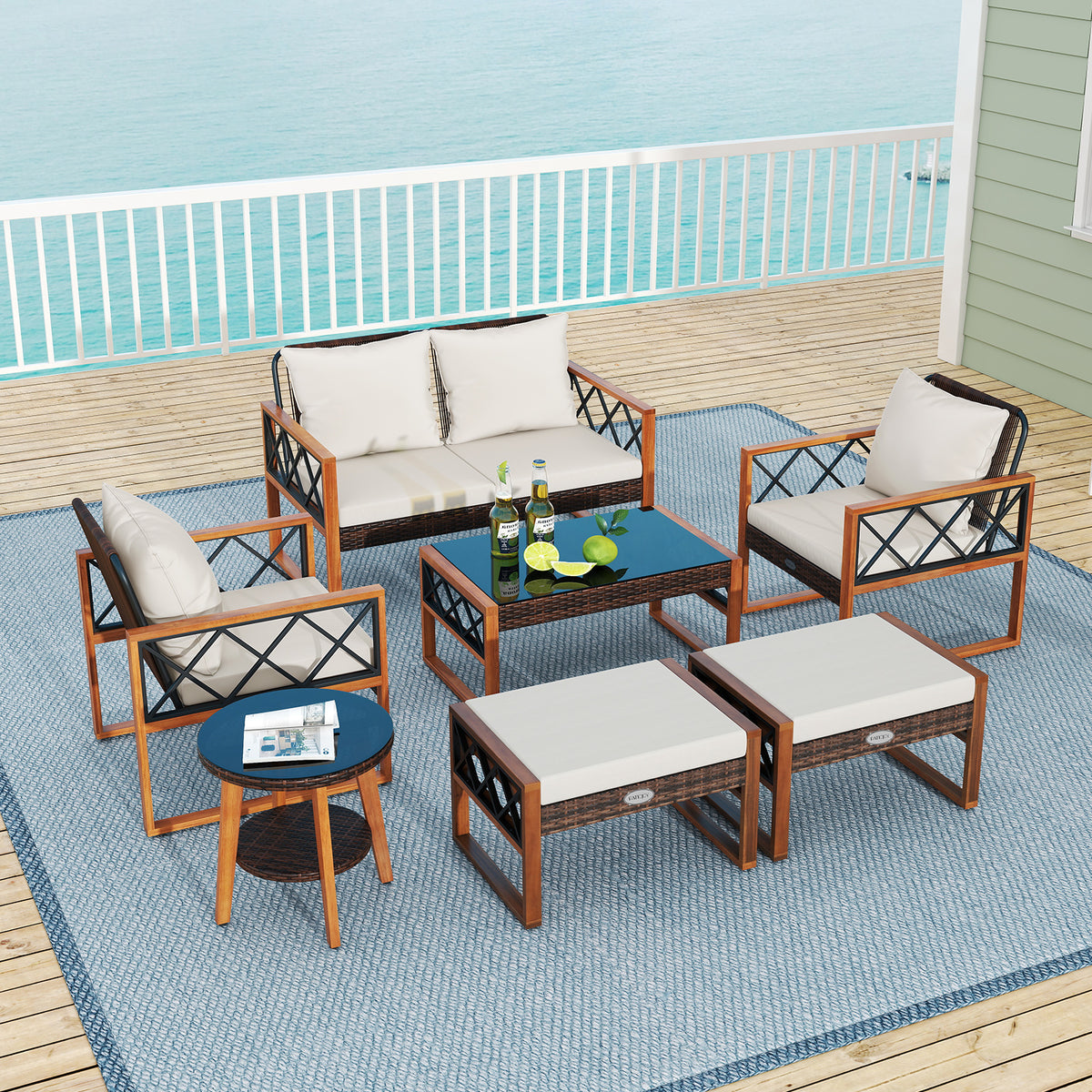7-Piece Patio Furniture Set - PE Wicker Acacia Wood Conversation Seating