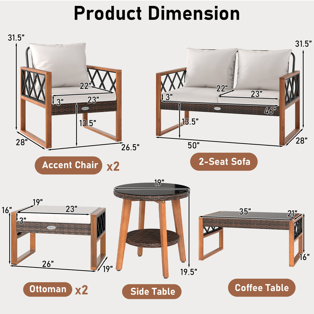 7-Piece Patio Furniture Set - PE Wicker Acacia Wood Conversation Seating