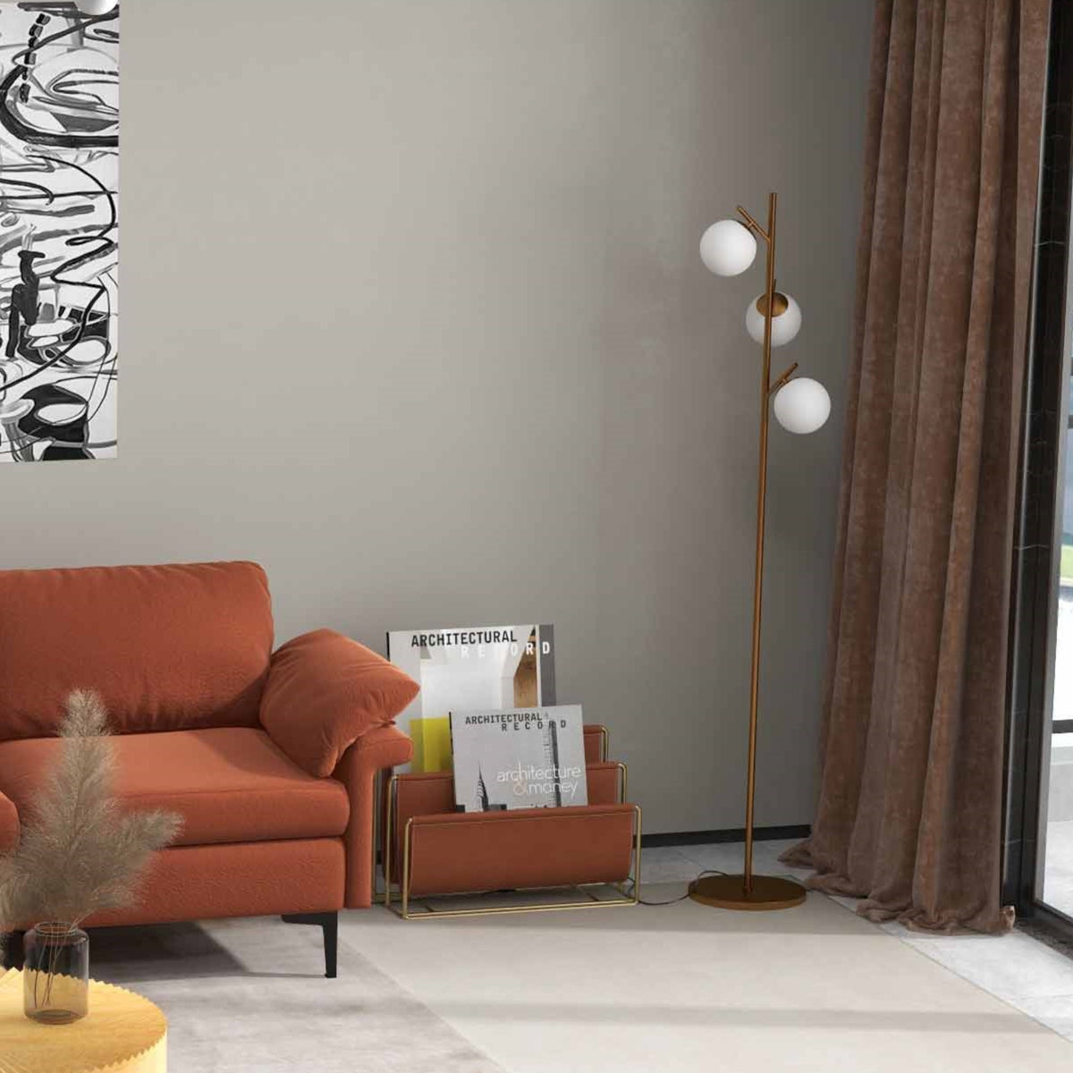 Living Room Set: 3-Seat Sofa, Floor Lamp & Accent Chair