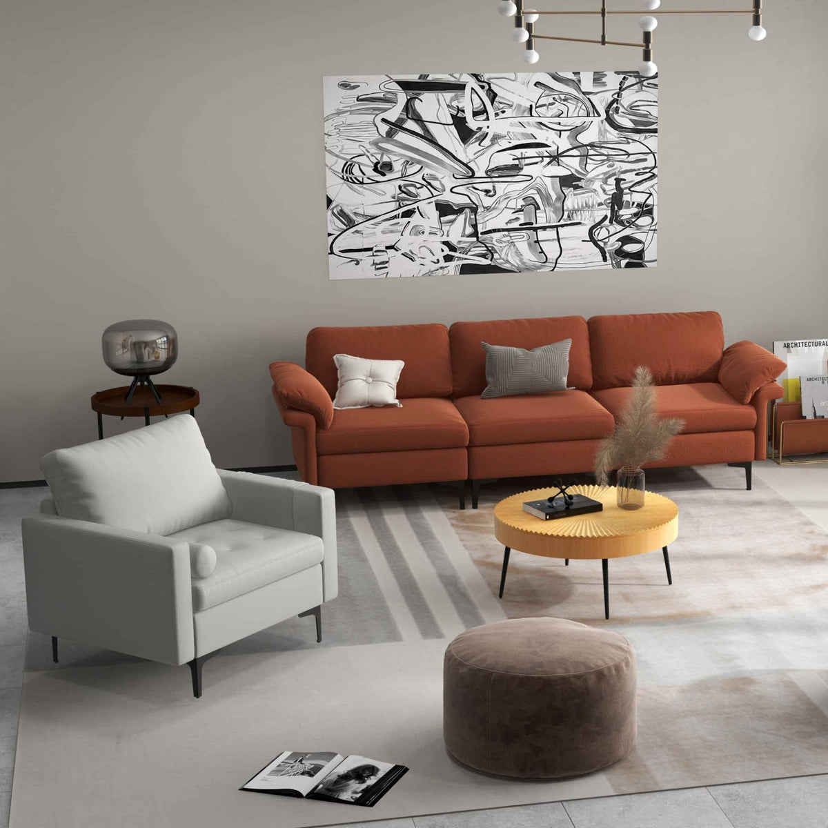 Living Room Set: 3-Seat Sofa, Floor Lamp & Accent Chair