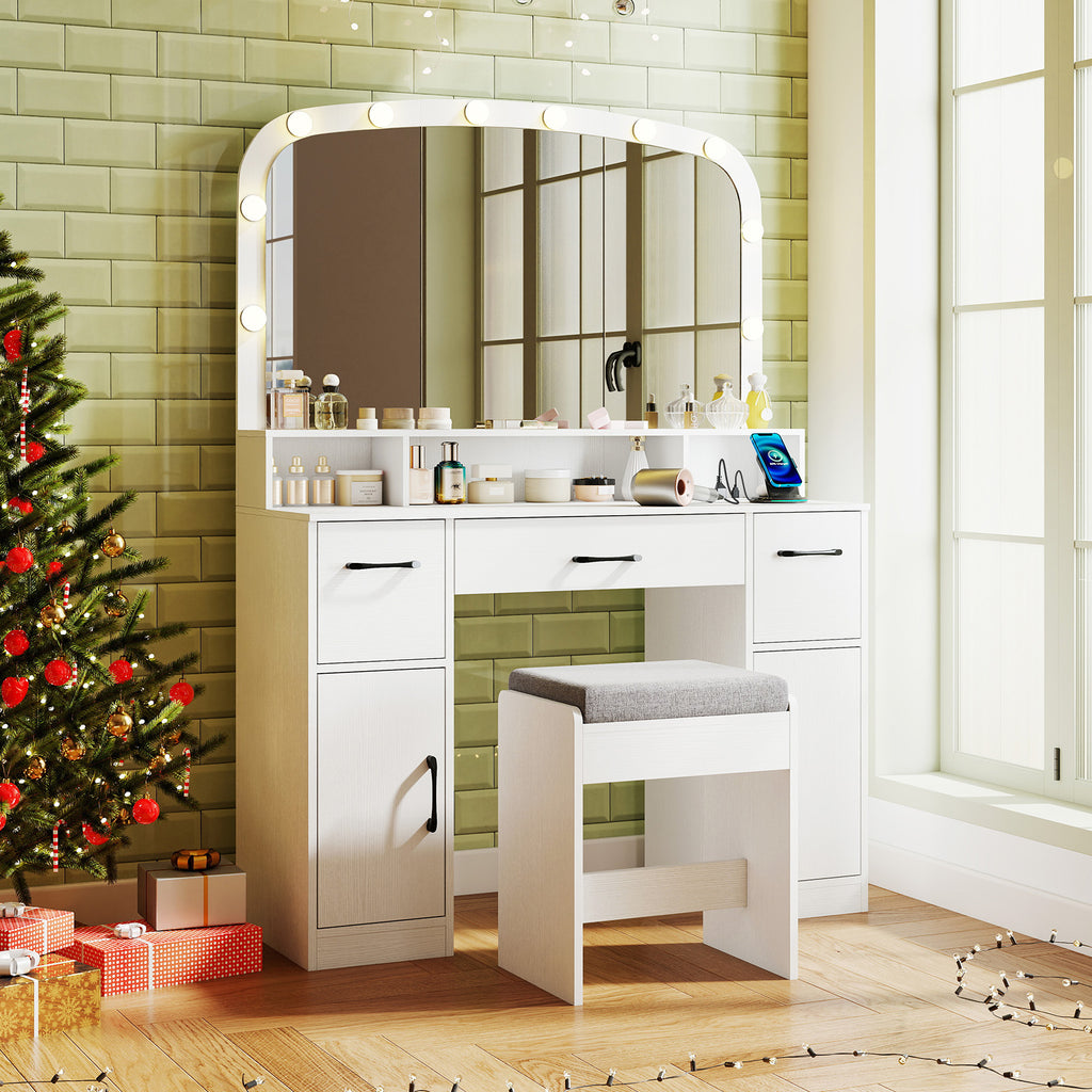 Vanity Desk Makeup Table with 3-Color LED Lights, Charging Station and Stool, White