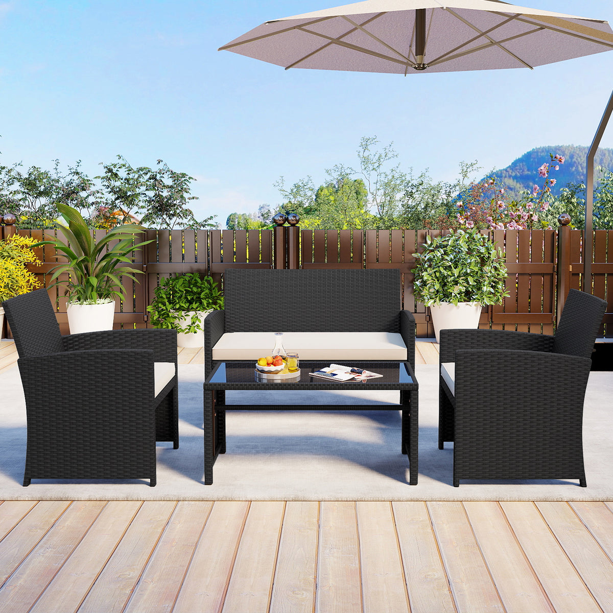 4-Piece Patio Furniture Set with Glass Table and Cushions - White